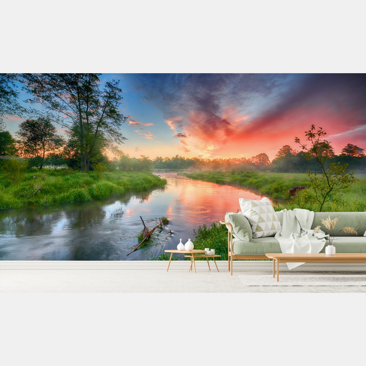 Fototapete sonnenaufgang über einem nebligen flussufer – Wallnifity®