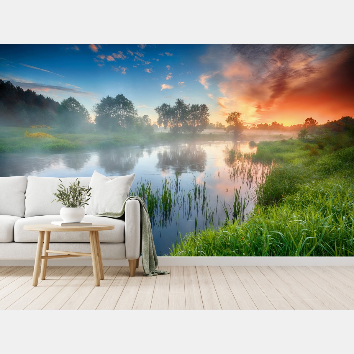 Fototapete nebliger fluss bei sonnenaufgang über grünen ufern – Wallnifity®