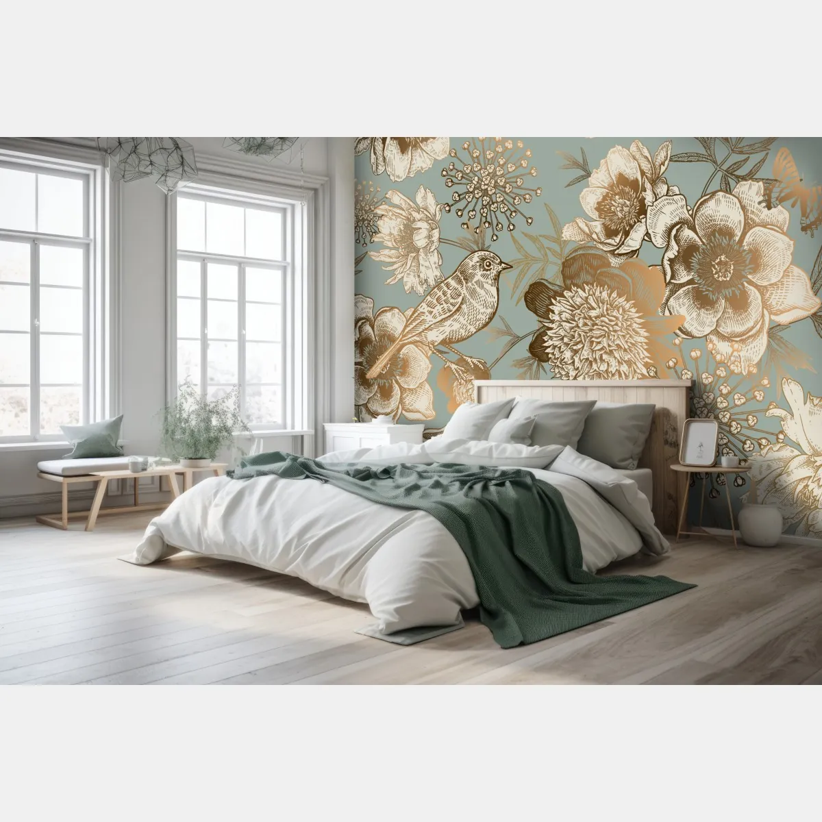 Fototapete vintage botanisches blumenmotiv mit vogel – Wallnifity®