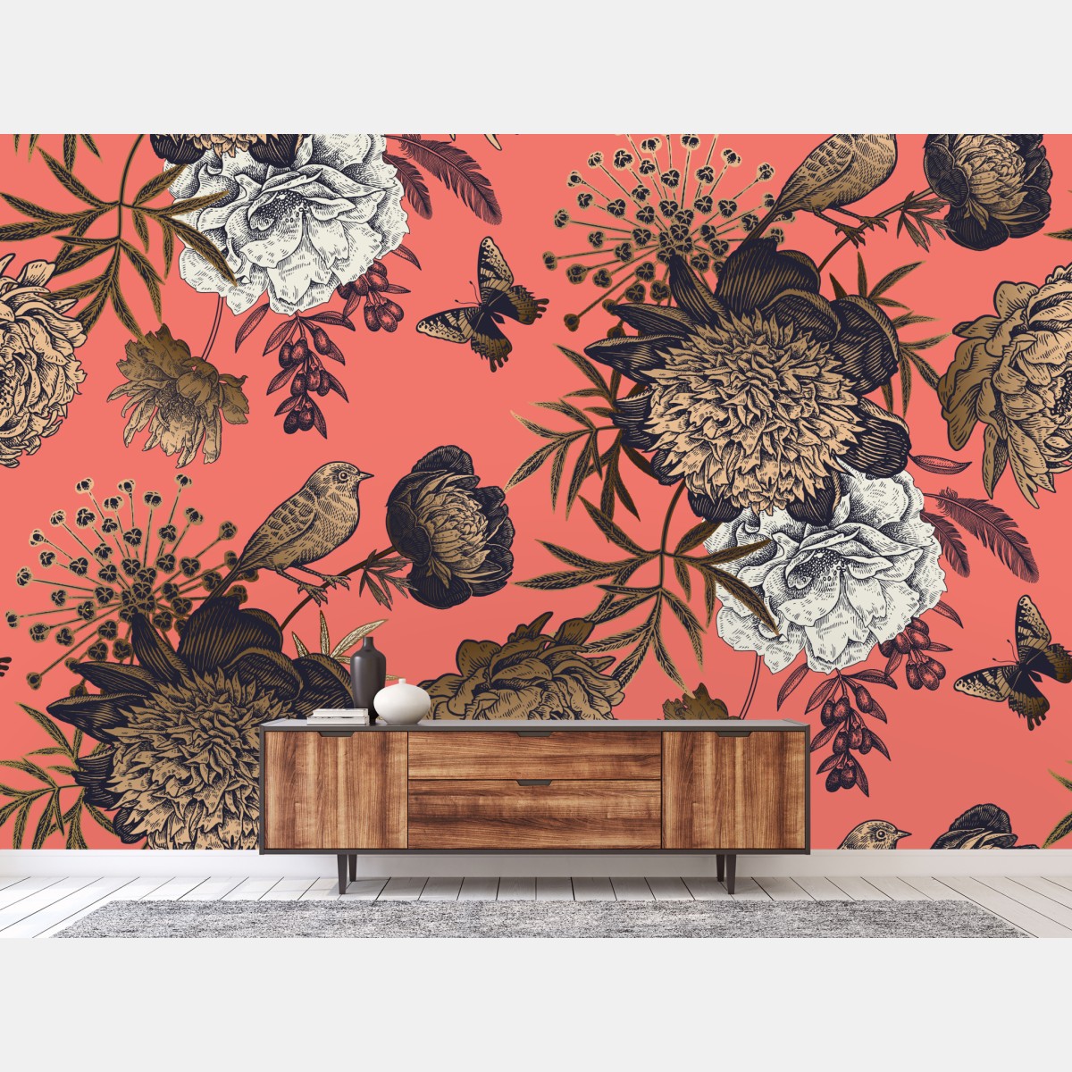 Fototapete vintage blumenmuster mit vögeln auf korallenhintergrund – Wallnifity®