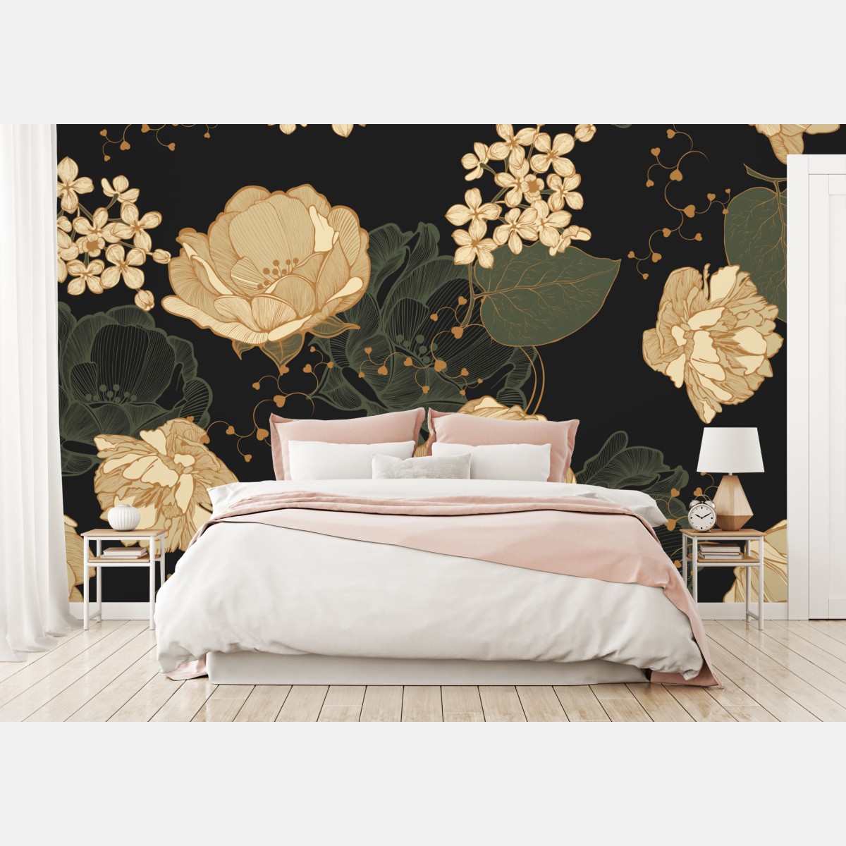 Fototapete goldene pfingstrosen vor dunklem botanischem hintergrund – Wallnifity®