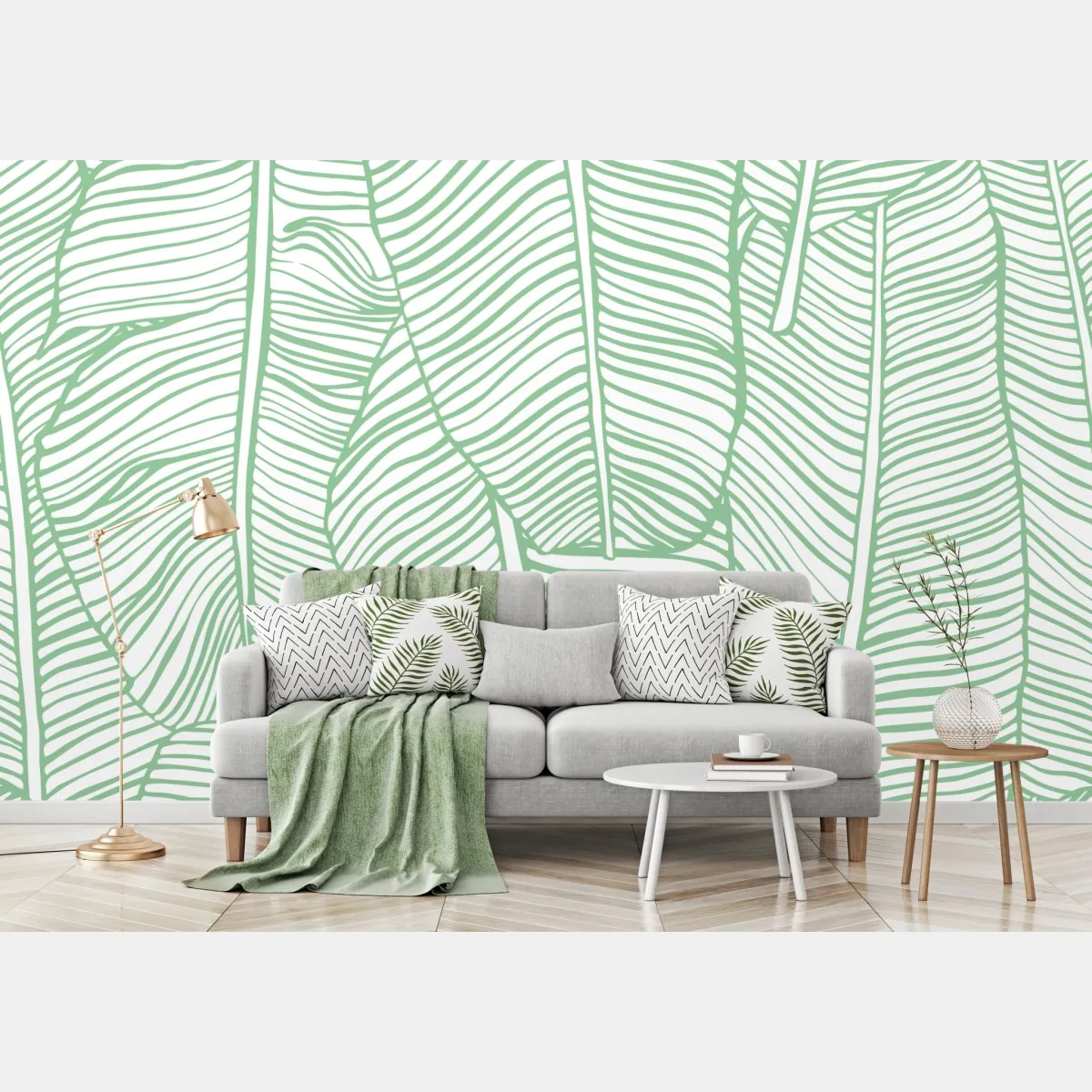 Fototapete mintfarbenes bananenblattmuster – Wallnifity®