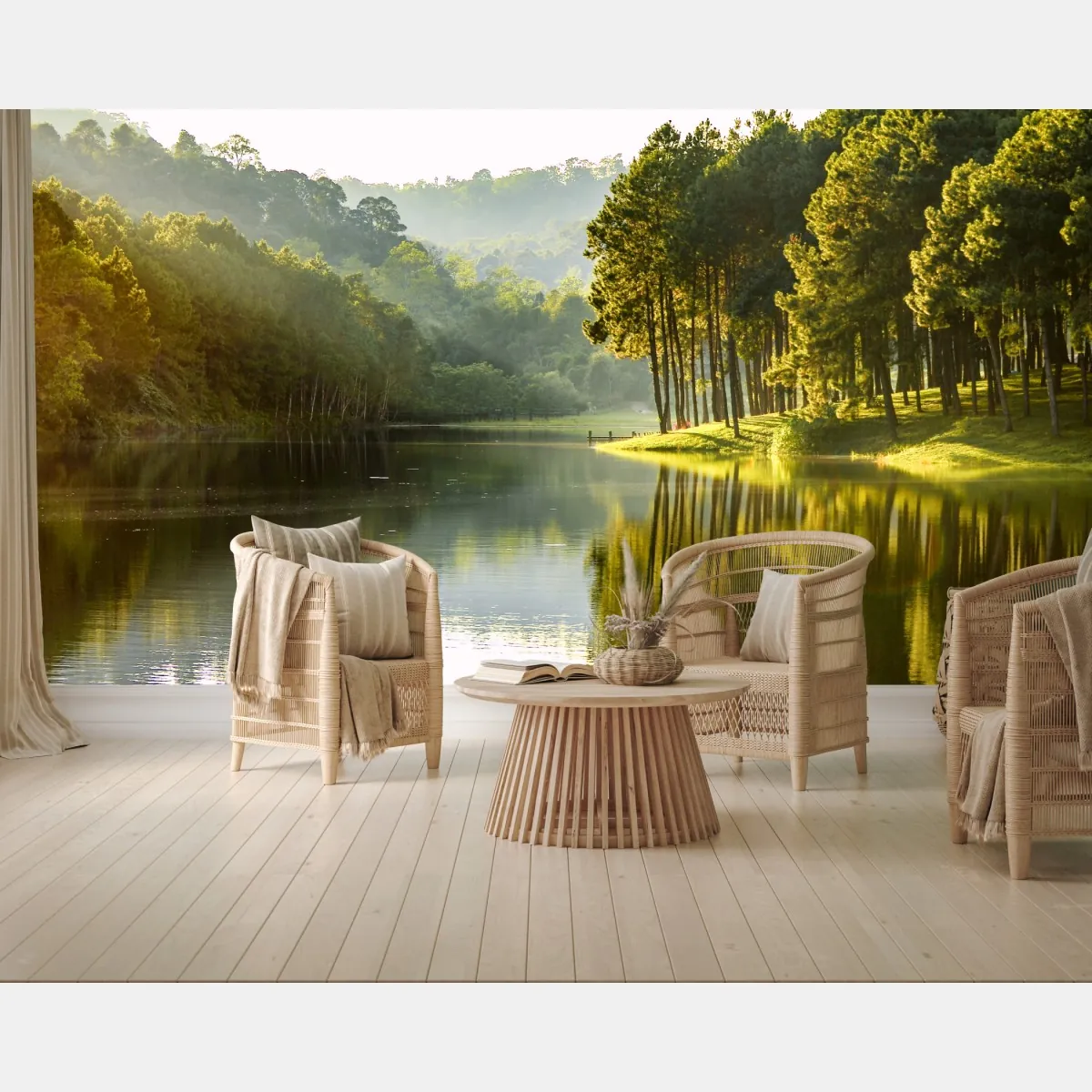 Fototapete ruhiger kiefernwald am stillen see – Wallnifity®