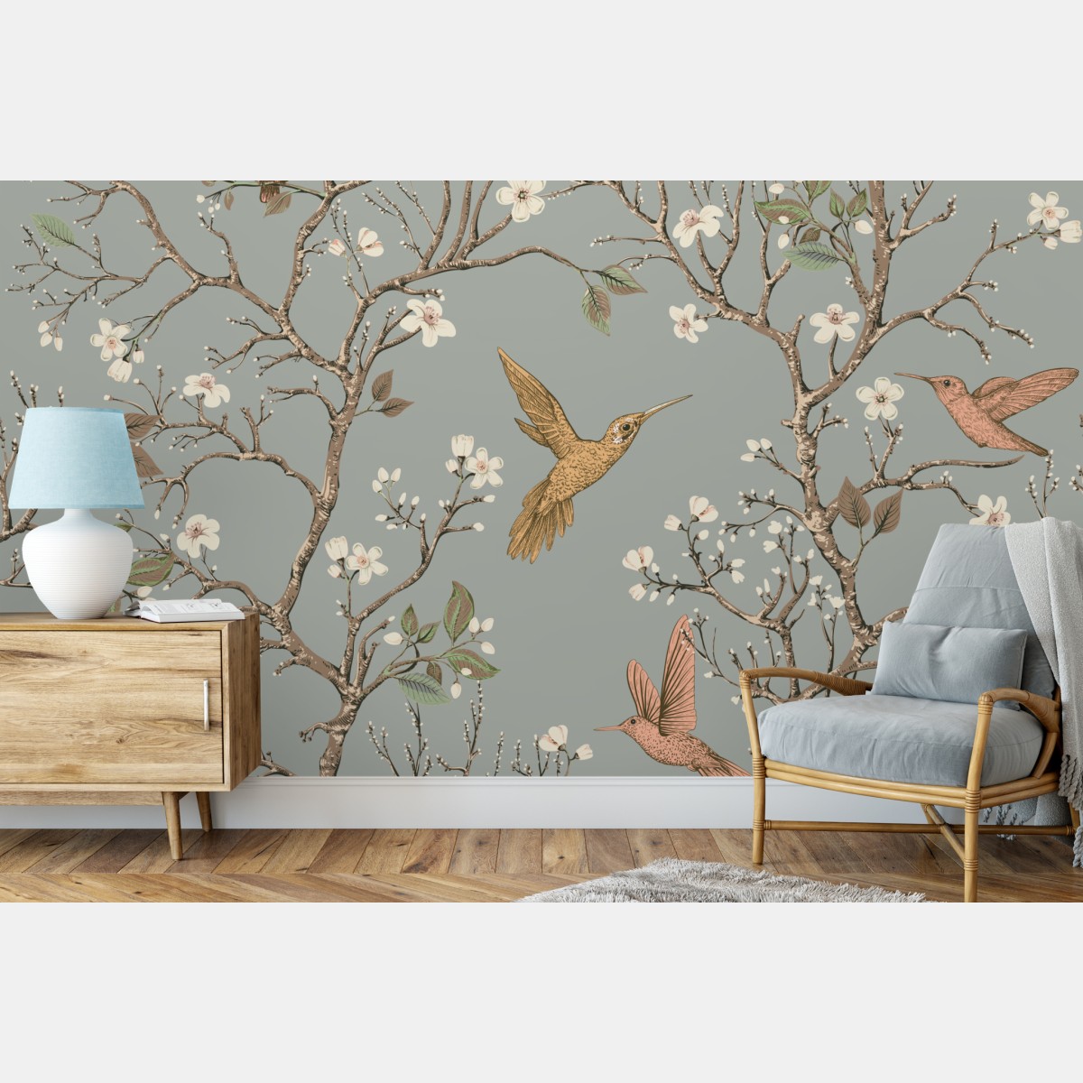 Fototapete vintage-muster mit kolibris und blüten – Wallnifity®