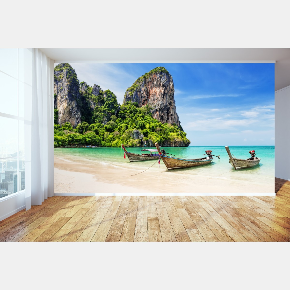 Fototapete ruhige longtail-boote am strand von Railay, Thailand – Wallnifity®