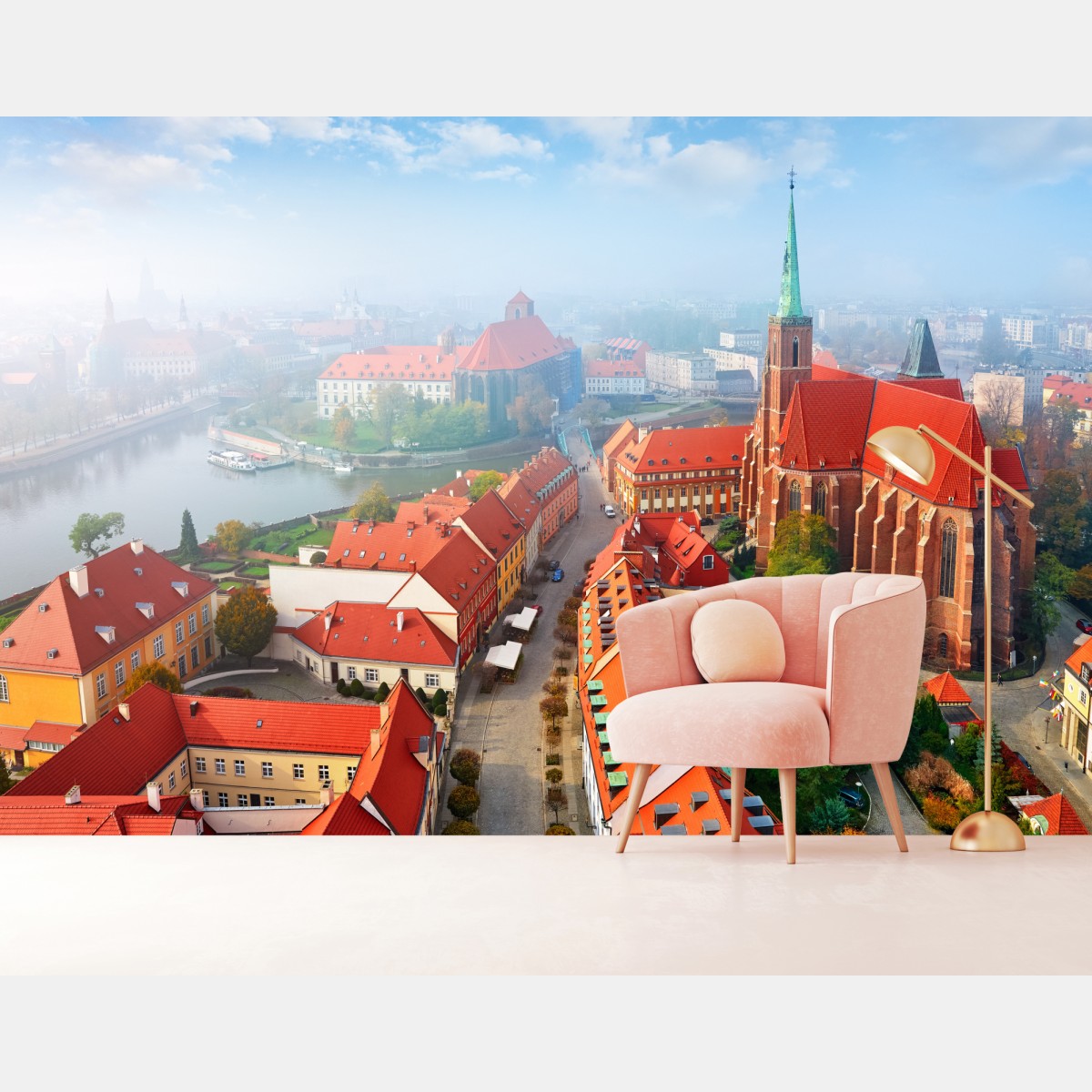 Fototapete neblige europäische stadtszene mit roten dächern – Wallnifity®