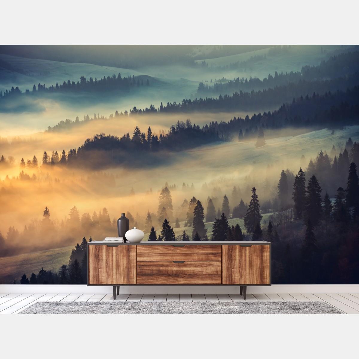 Fototapete nebliger bergwald im sonnenaufgang – Wallnifity®