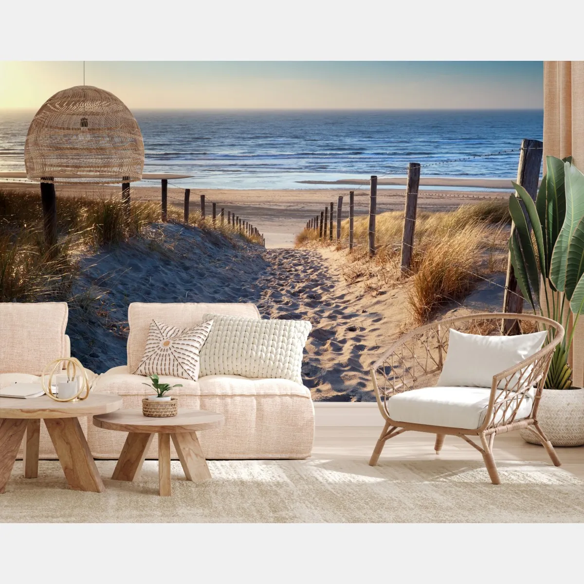 Fototapete weg zum strand der Nordsee im goldenen sonnenuntergang – Wallnifity®