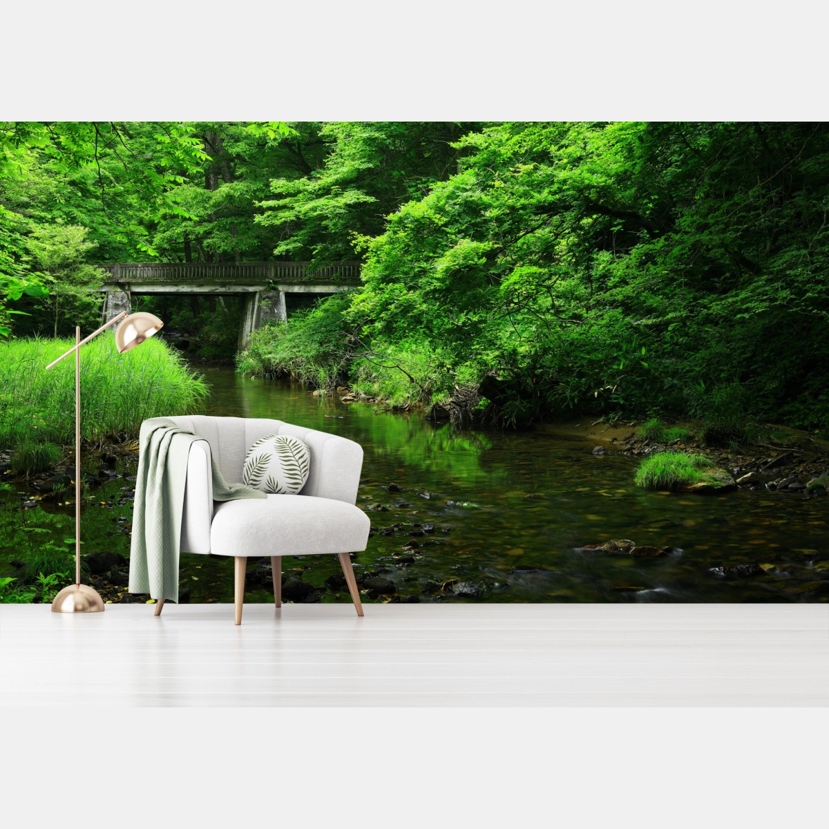 Fototapete üppiger grüner waldbach mit steinbrücke – Wallnifity®