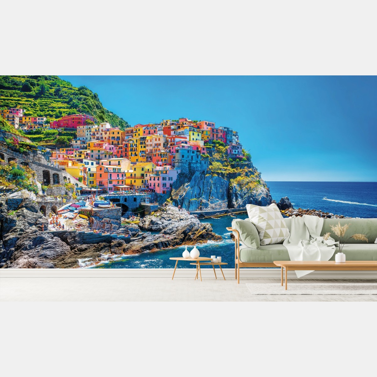 Fototapete buntes mediterranes kliffdorf am meer – Wallnifity®