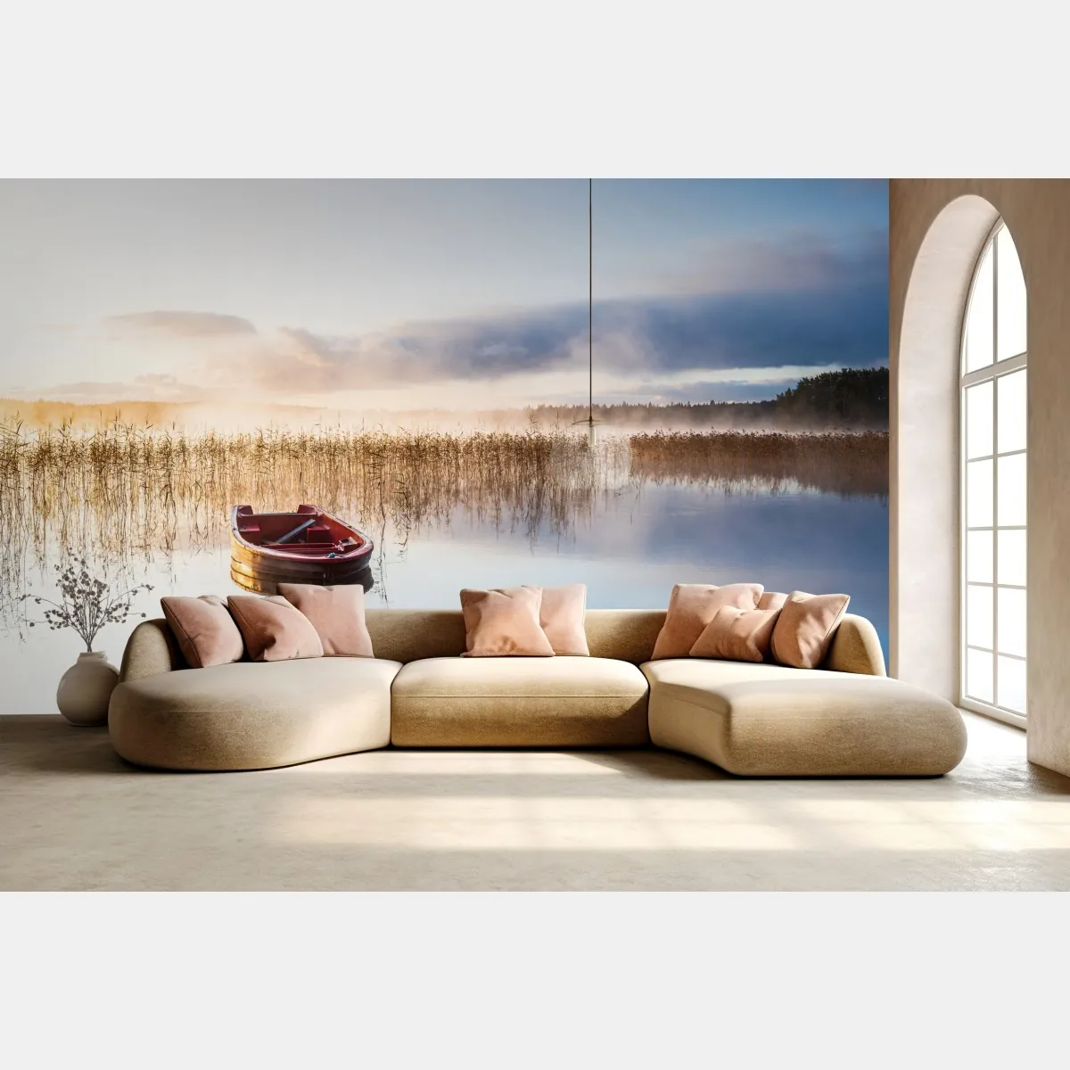 Fototapete nebliger morgen am see mit rotem boot – Wallnifity®