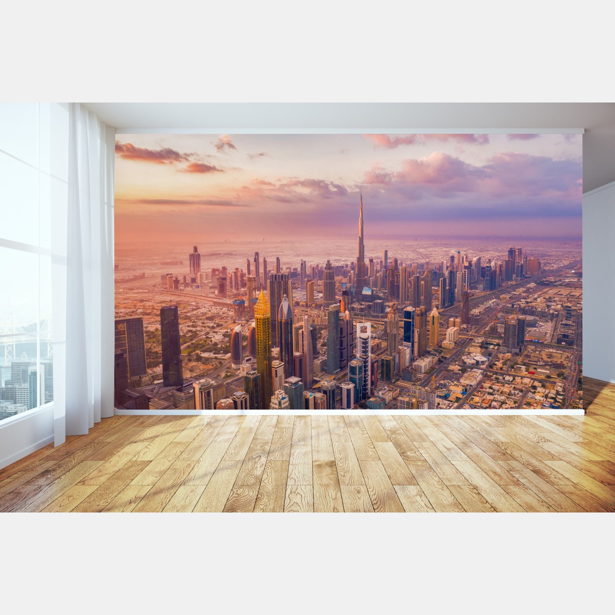 Fototapete sonnenuntergang über der skyline von Dubai mit Burj Khalifa – Wallnifity®