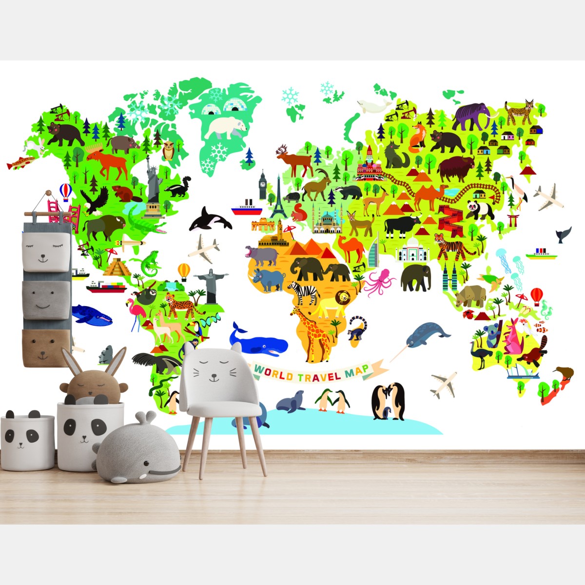 Fototapete bunte weltkarte mit tieren – Wallnifity®