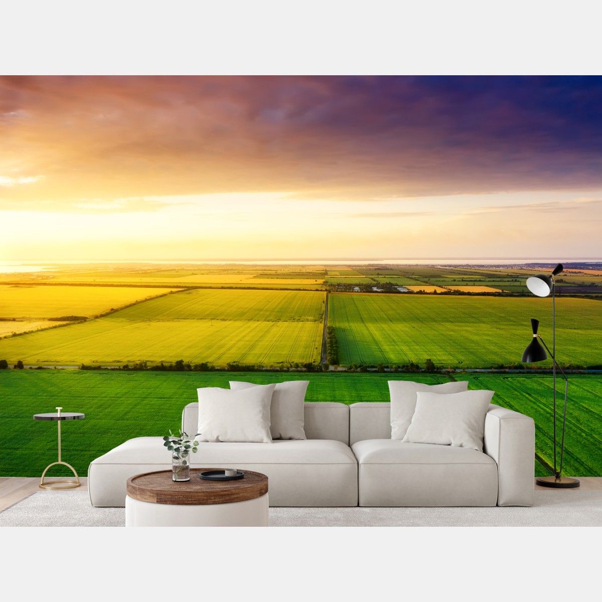 Fototapete sonnenuntergang über grünen feldern – Wallnifity®