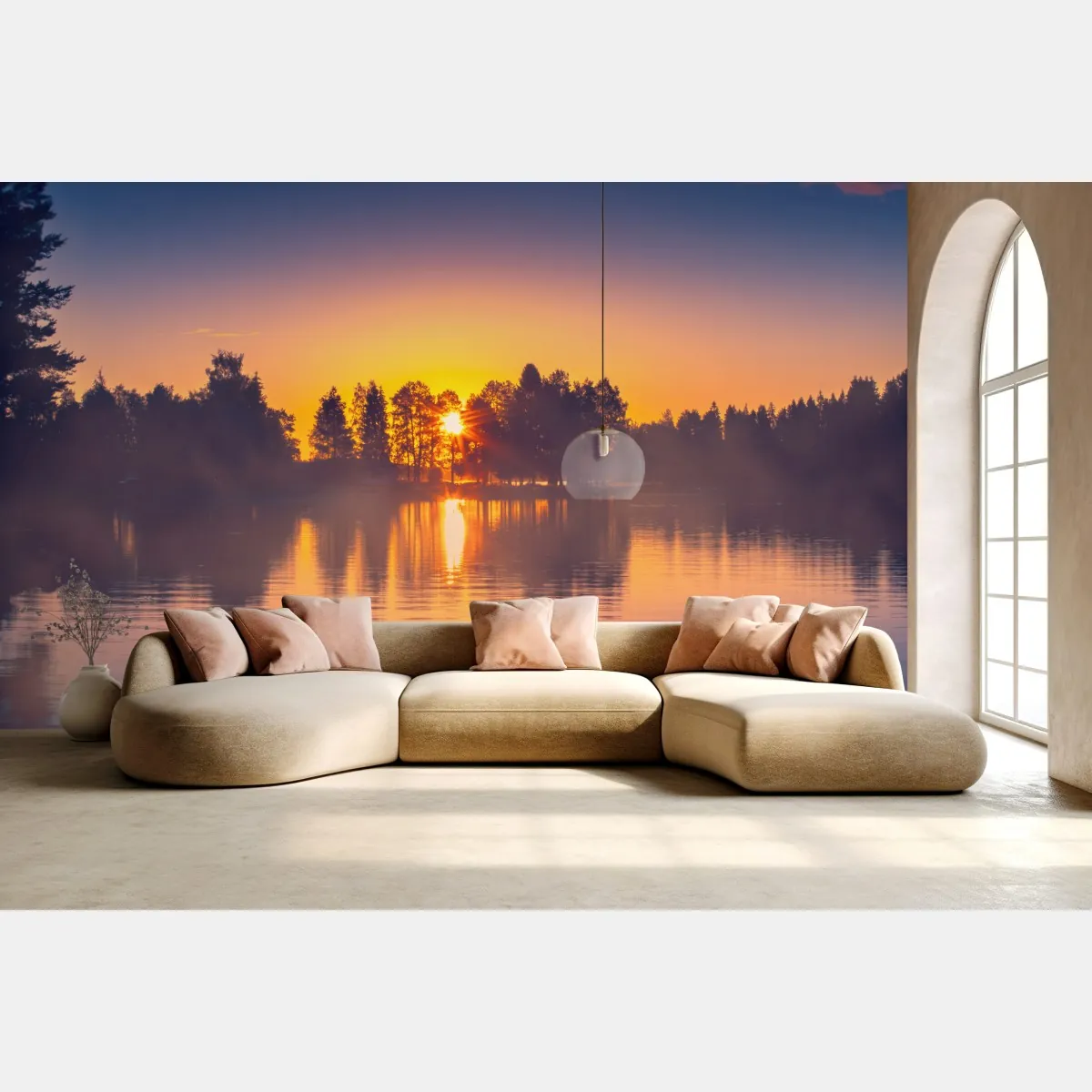 Fototapete nebliger sonnuntergang am see – Wallnifity®