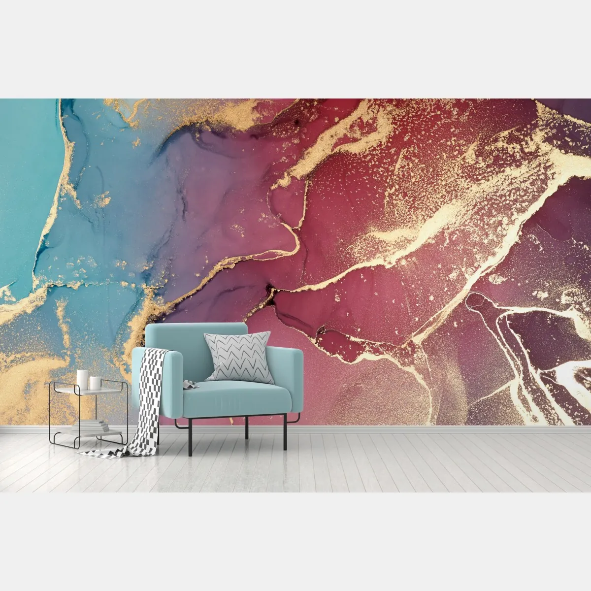 Fototapete abstraktes marmoriertes bild in türkis und lila mit gold – Wallnifity®