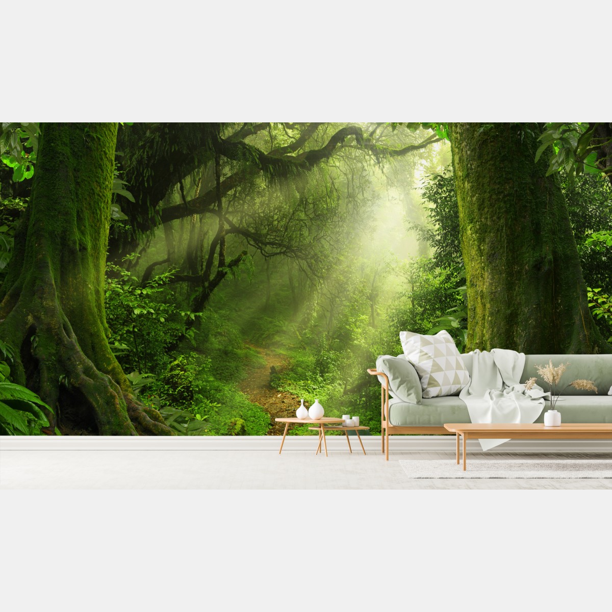 Fototapete sonnenbeschienener moosiger waldpfad – Wallnifity®