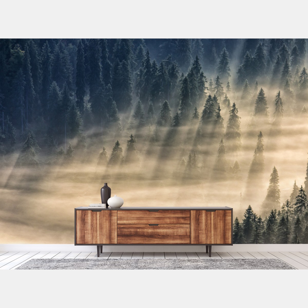 Fototapete nebliger fichtenwald im sonnenlicht – Wallnifity®