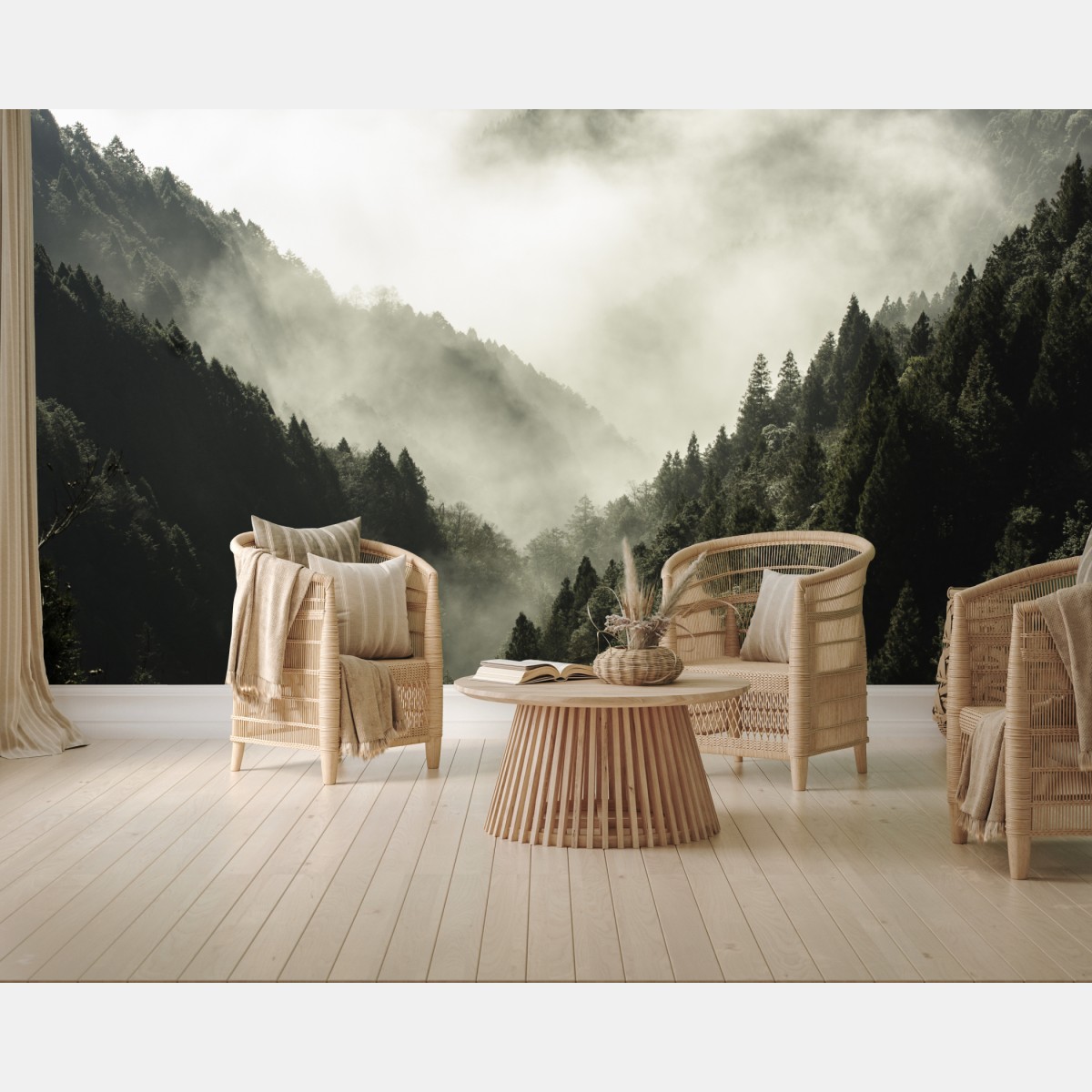 Fototapete nebliges bergtal im wald – Wallnifity®
