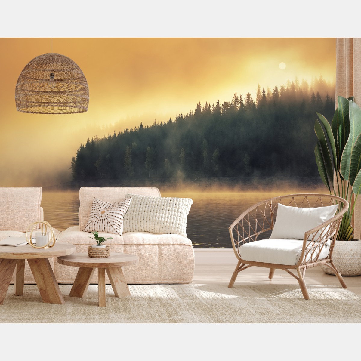 Fototapete nebeliger goldener sonnenaufgang über waldsee – Wallnifity®