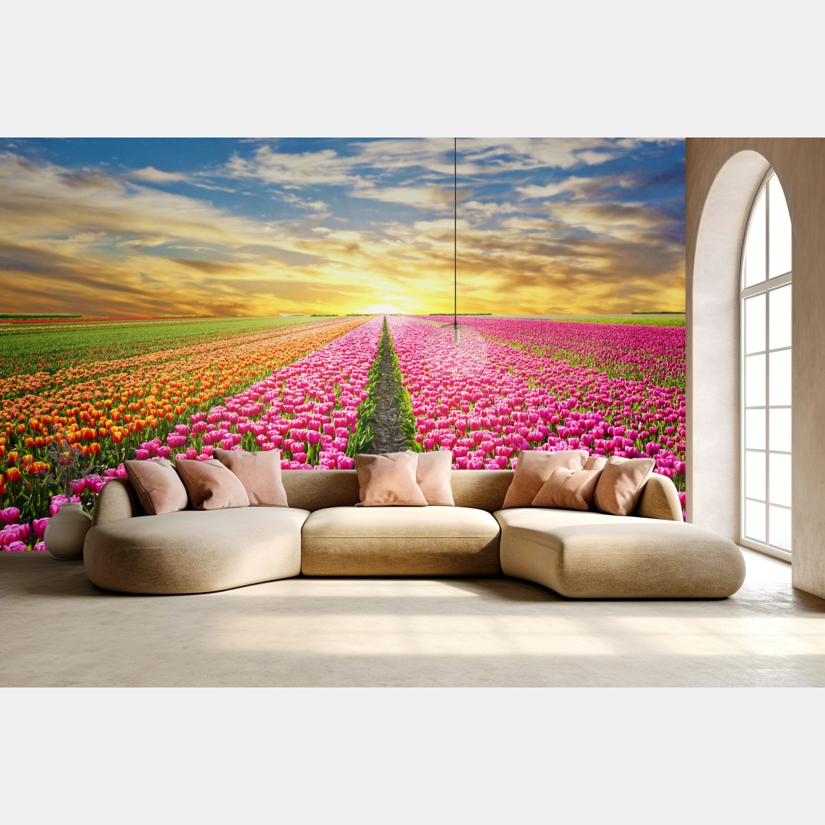 Fototapete sonnenaufgang über tulpenfeldern in den Niederlanden – Wallnifity®