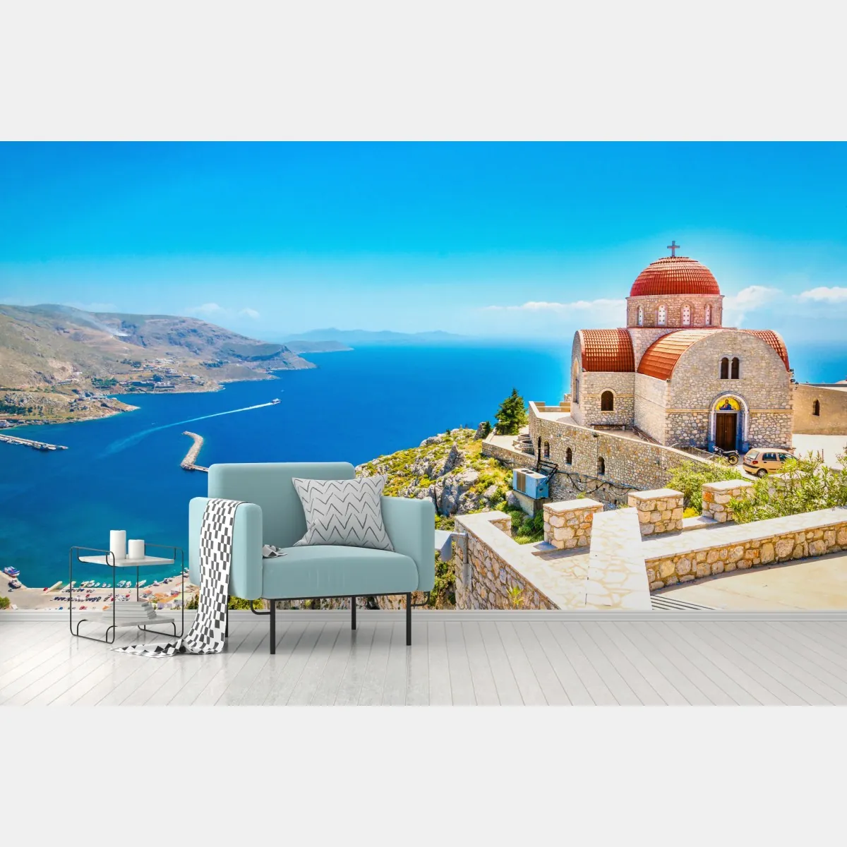 Fototapete griechische kirche auf klippe über dem meer – Wallnifity®