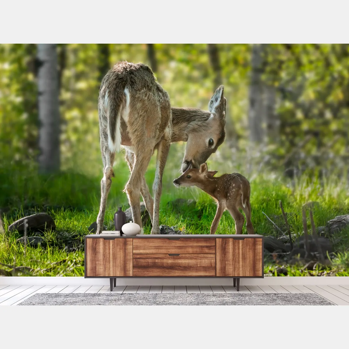 Fototapete hirsch und kitz im sonnendurchfluteten wald – Wallnifity®