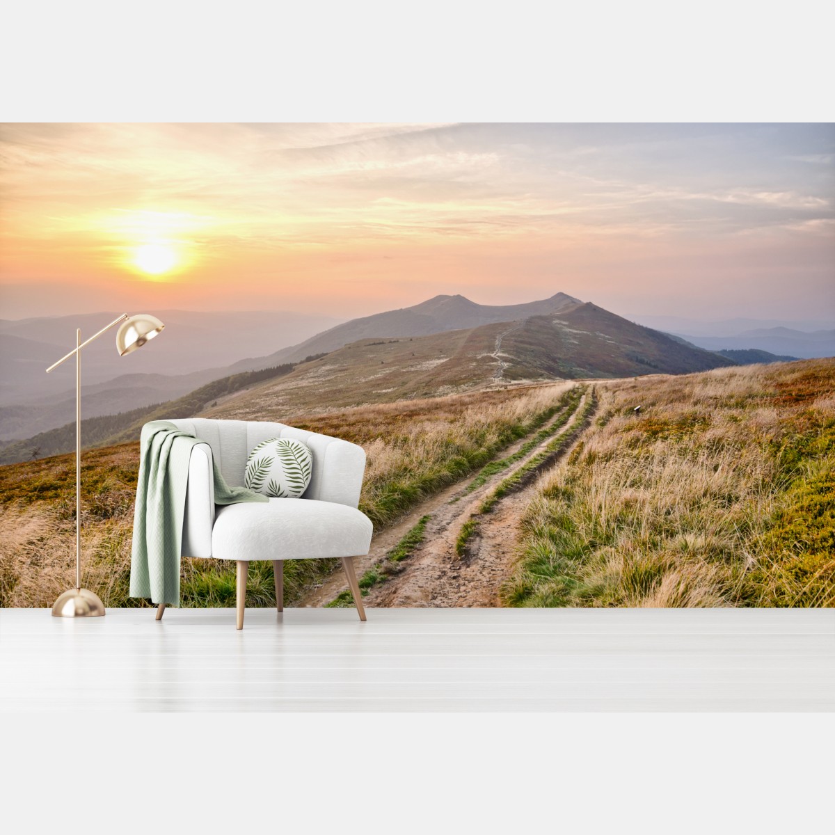 Fototapete goldener bergweg bei sonnenuntergang – Wallnifity®