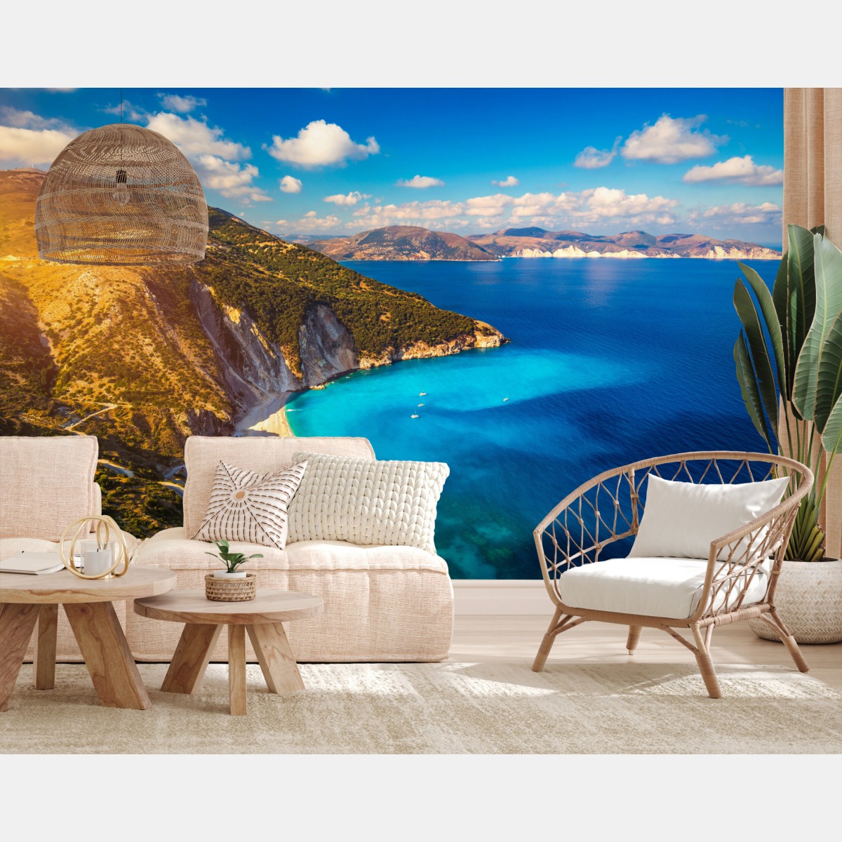 Fototapete sonniges panorama der Myrtos-bucht, Kefalonia – Wallnifity®