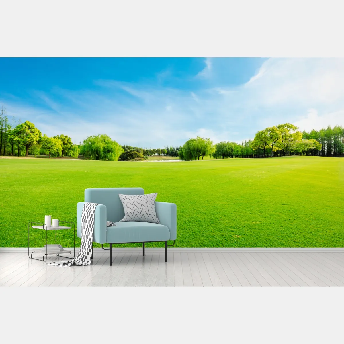 Fototapete friedliche grüne wiese unter blauem himmel – Wallnifity®