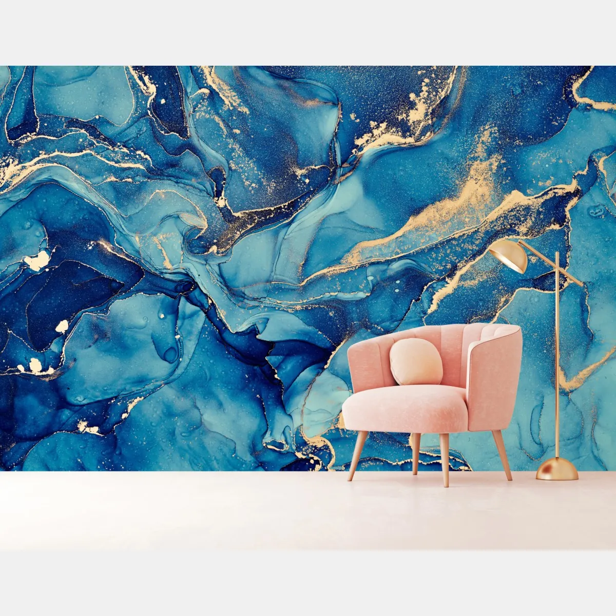 Fototapete ozeanblau und goldene wirbel flüssige abstraktion – Wallnifity®