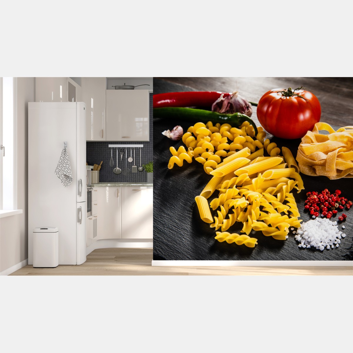 Fototapete verschiedene trockene nudeln und frische zutaten – Wallnifity®
