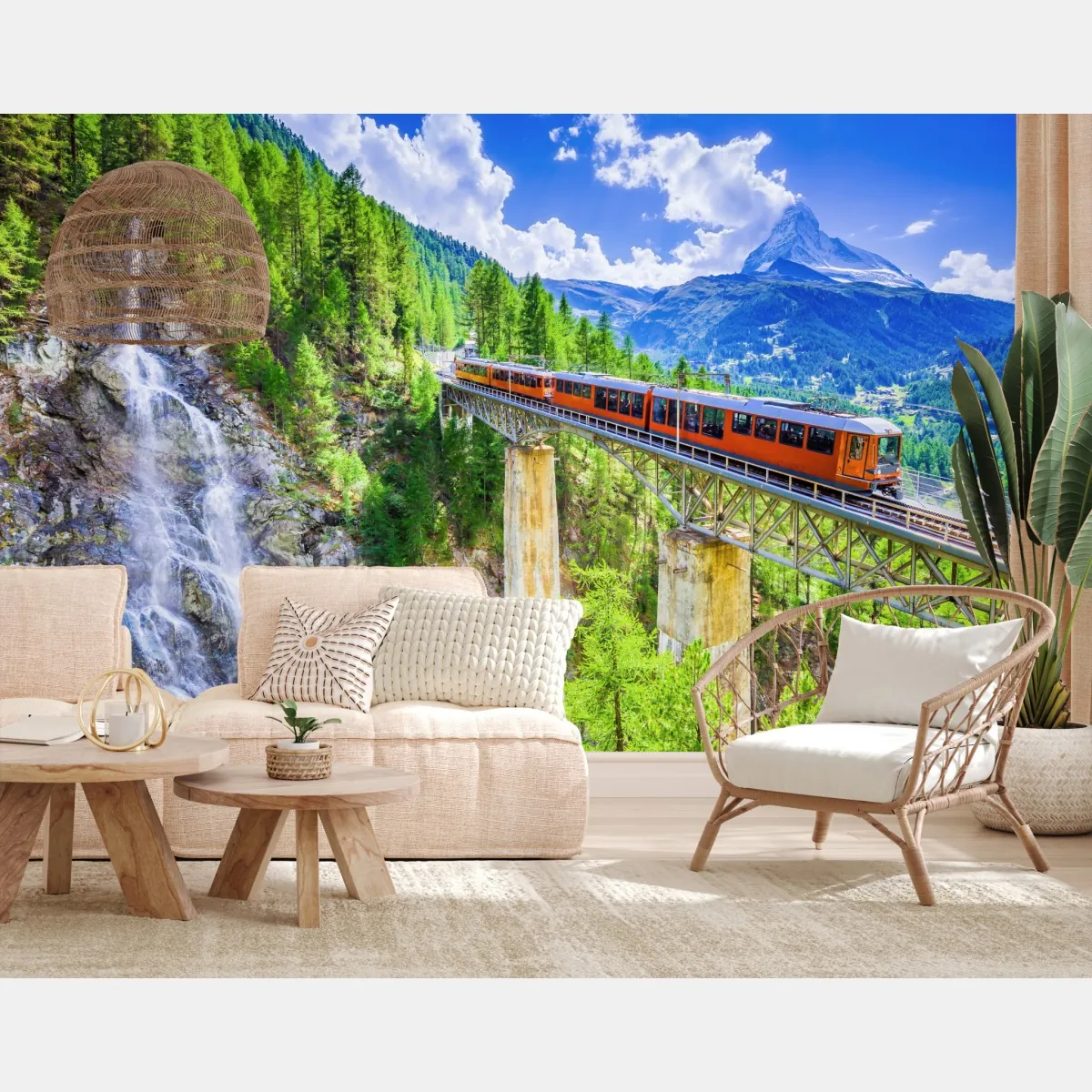 Fototapete Gornergrat zug auf alpenbrücke mit Matterhorn – Wallnifity®