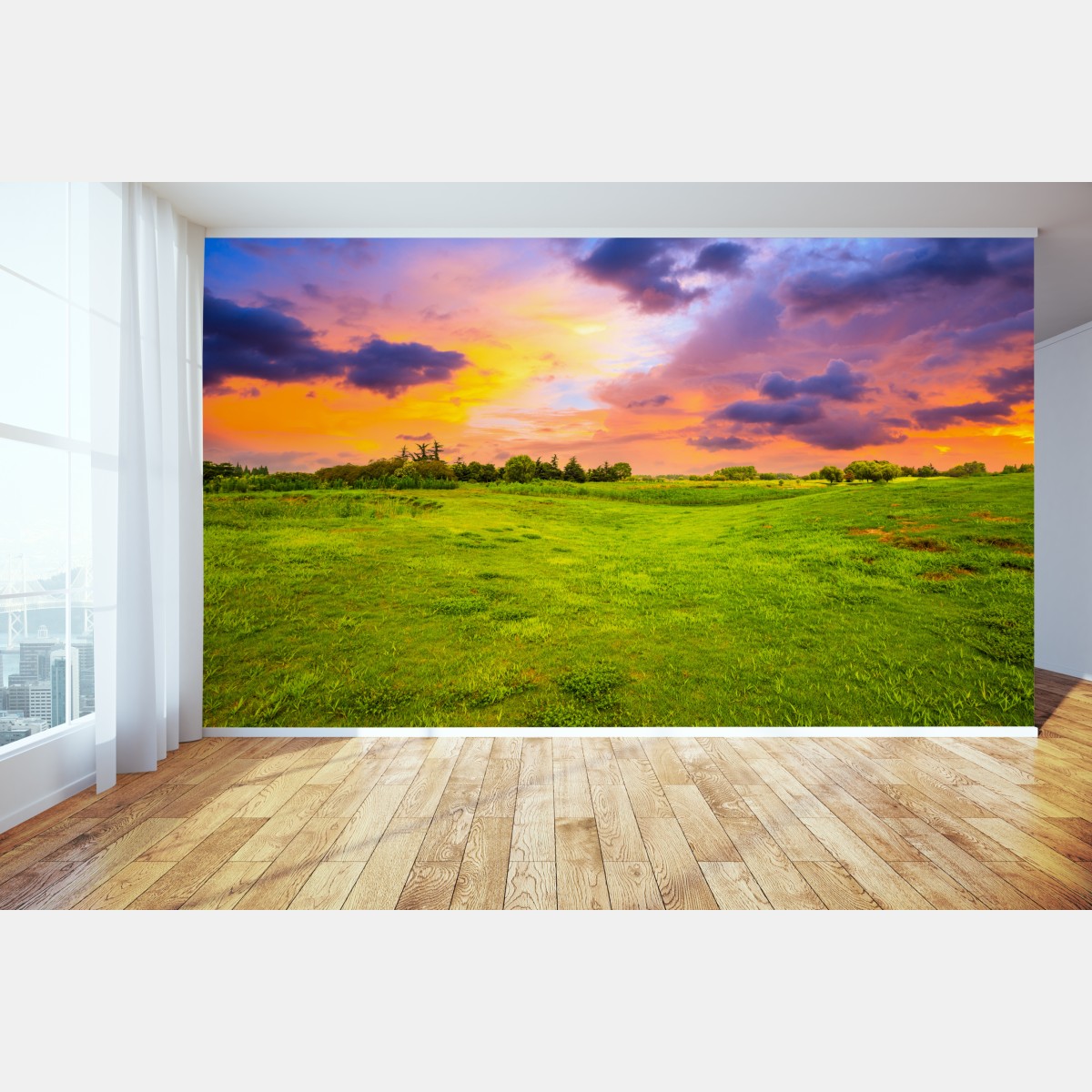 Fototapete sonnenuntergang über grüner wiese – Wallnifity®