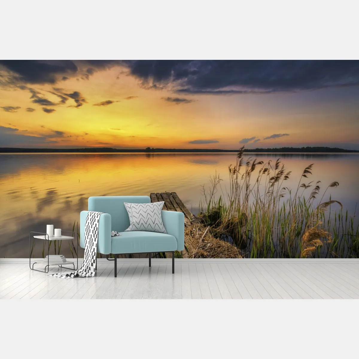 Fototapete goldener sonnenuntergang am see mit steg – Wallnifity®