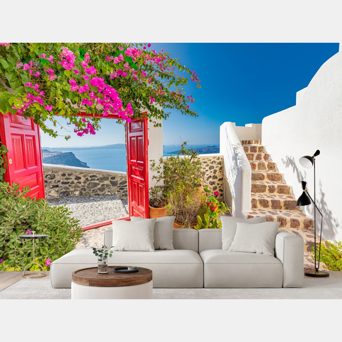 Fototapete sonnenbeschienene mediterrane terrasse mit meerblick – Wallnifity®