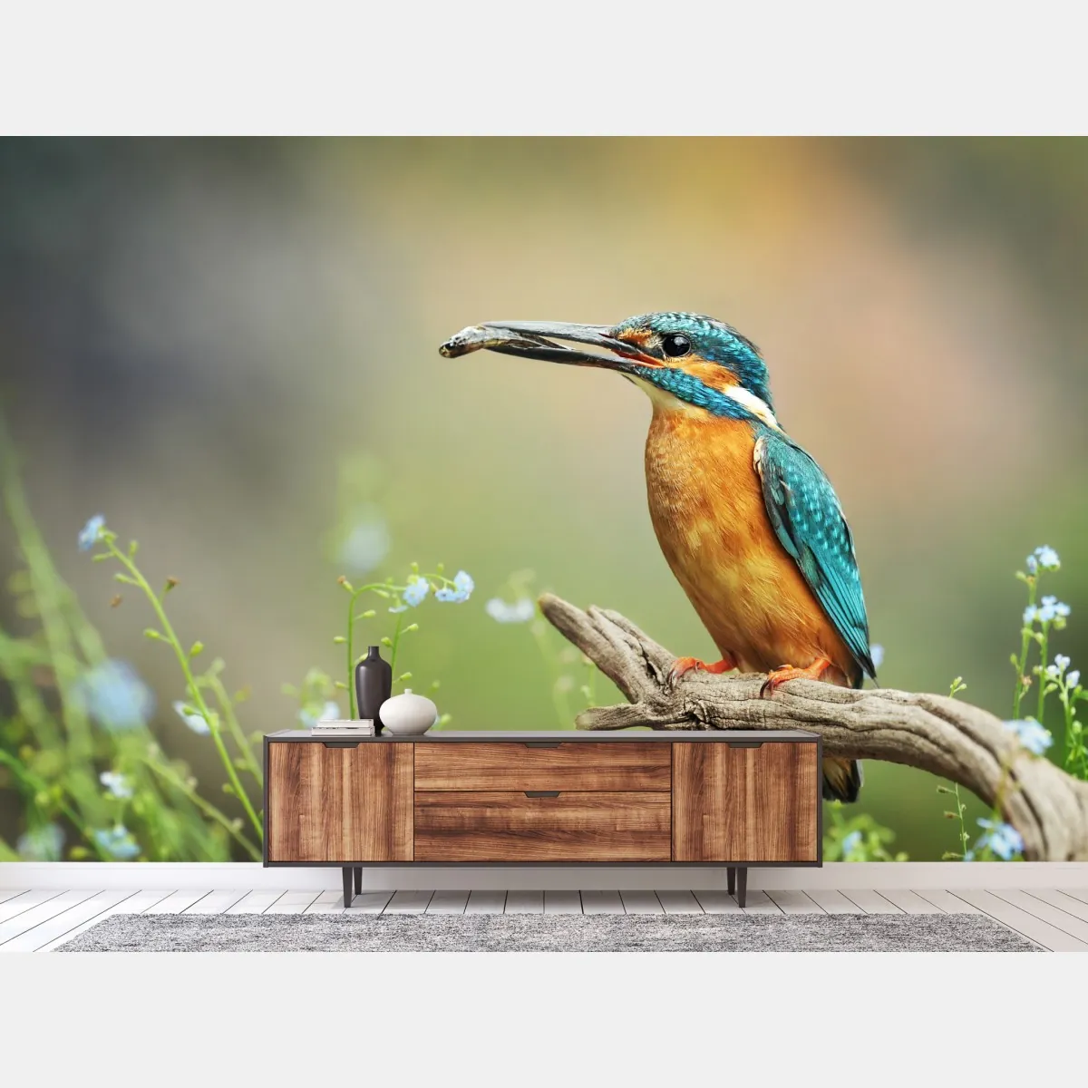 Fototapete eisvogel auf einem ast mit fisch – Wallnifity®