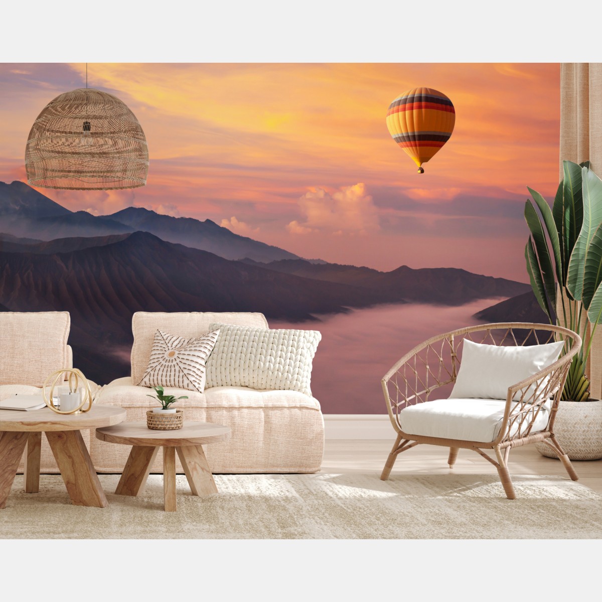 Fototapete heißluftballon über nebligen bergen bei sonnenaufgang – Wallnifity®