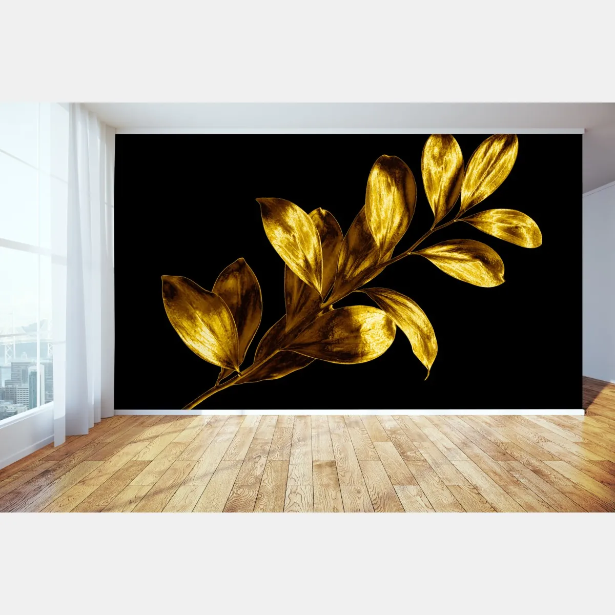 Fototapete goldener blattzweig auf schwarzem hintergrund – Wallnifity®