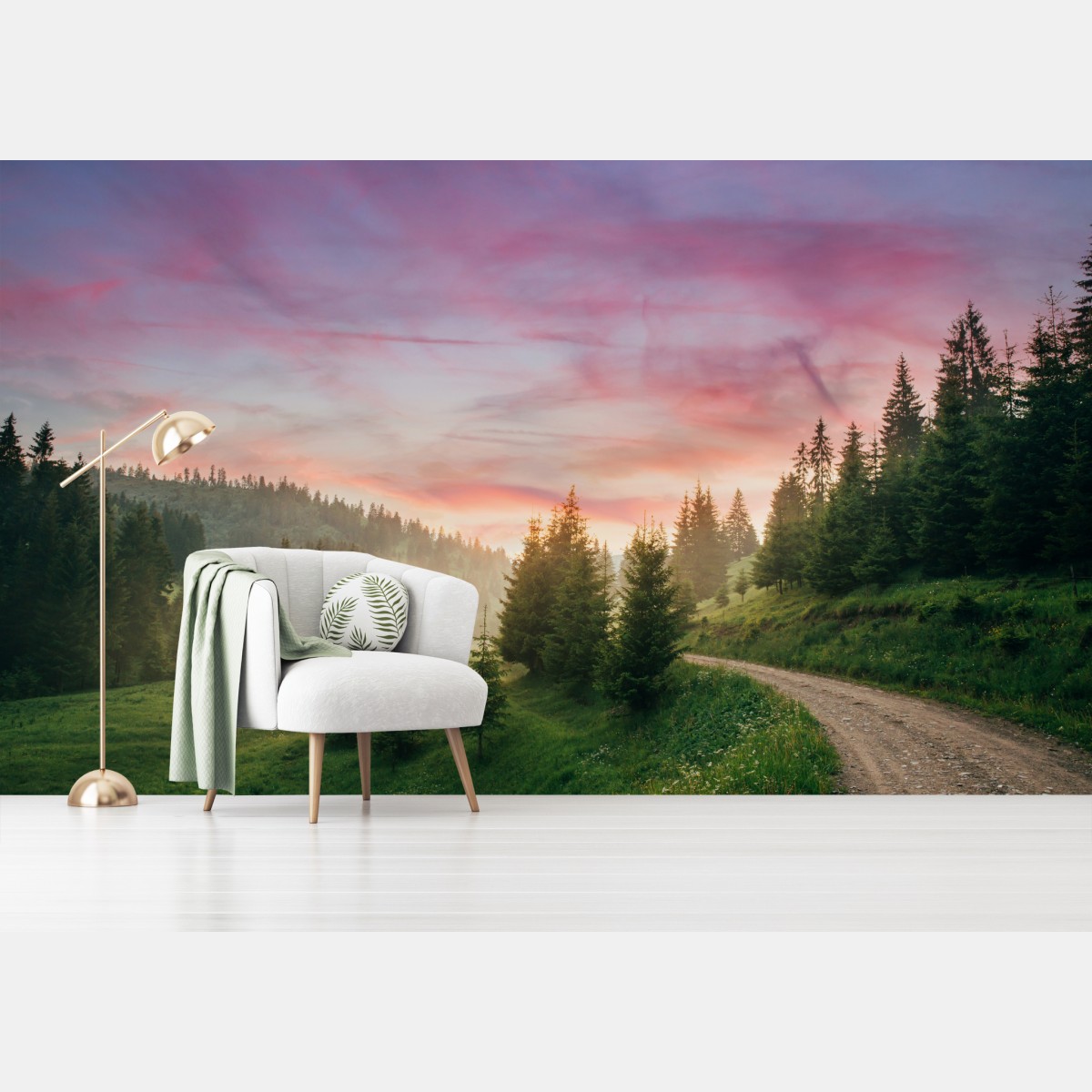 Fototapete nebliger sonnenuntergang im kiefernwald – Wallnifity®