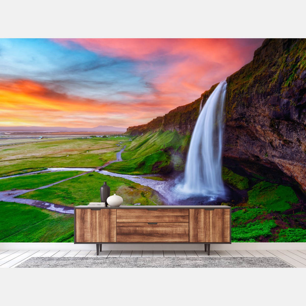 Fototapete wasserfall Seljalandsfoss bei sonnenuntergang – Wallnifity®