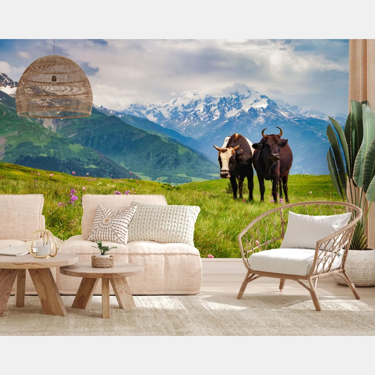 Fototapete alpenwiese mit grastenden kühen – Wallnifity®