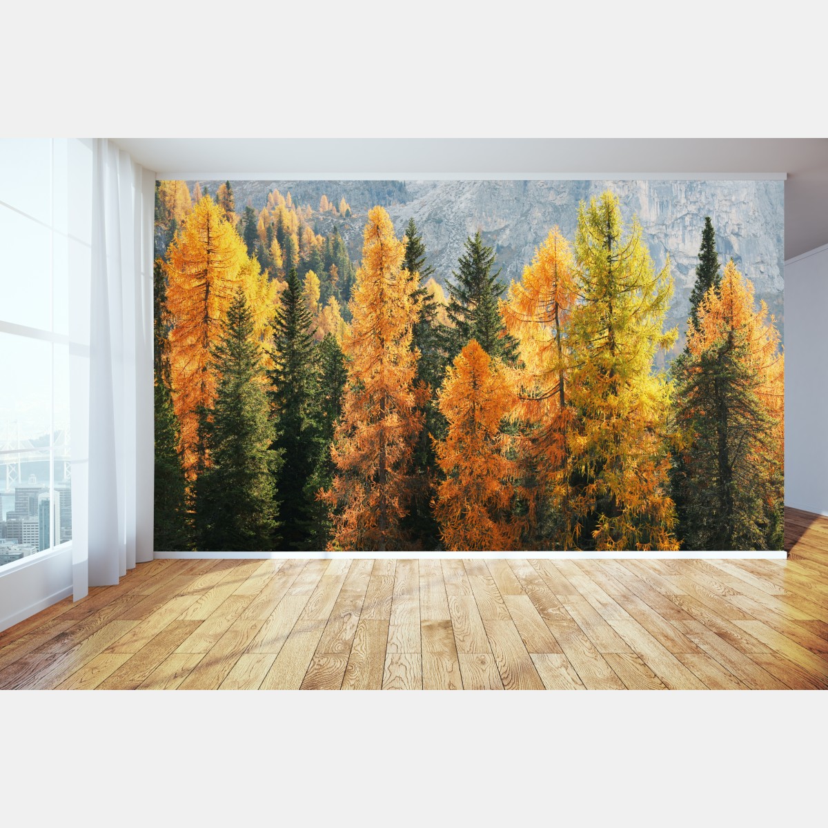 Fototapete goldener herbstlicher lärchenwald – Wallnifity®
