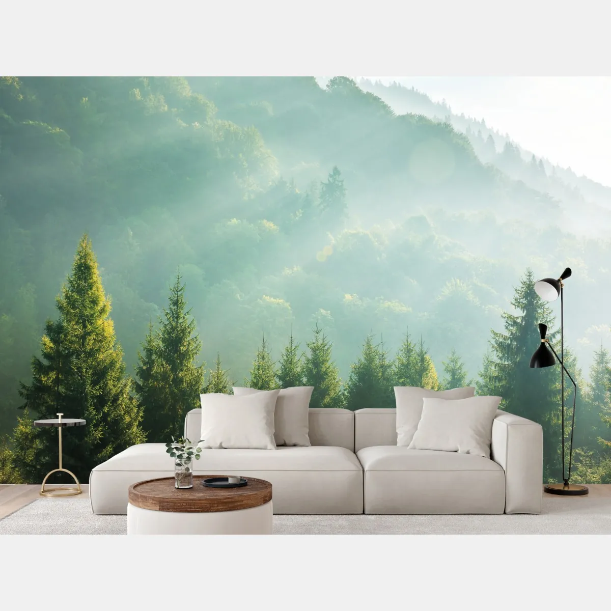 Fototapete neblige fichtenspitzen im morgenlicht – Wallnifity®