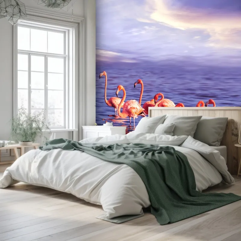 Fototapete rosa flamingos im violetten sonnenuntergang