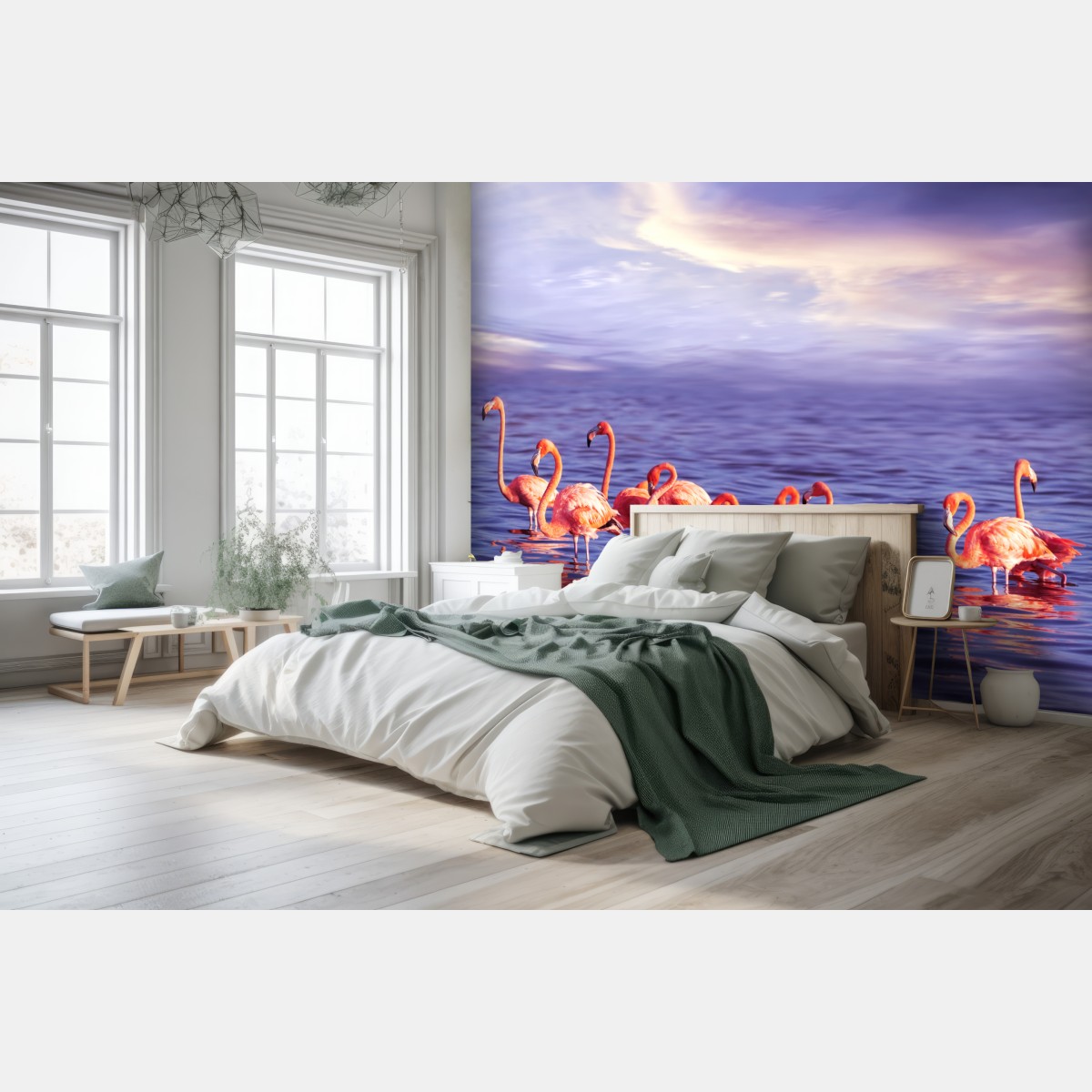 Fototapete rosa flamingos im violetten sonnenuntergang – Wallnifity®