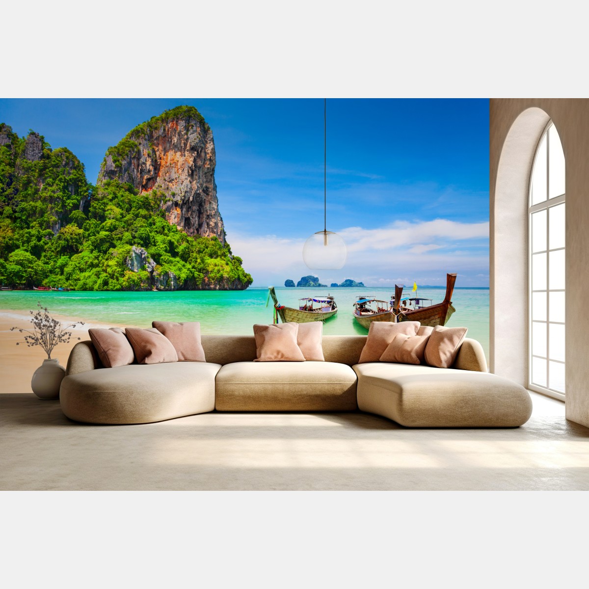 Fototapete tropischer strand mit traditionellen booten in Thailand – Wallnifity®