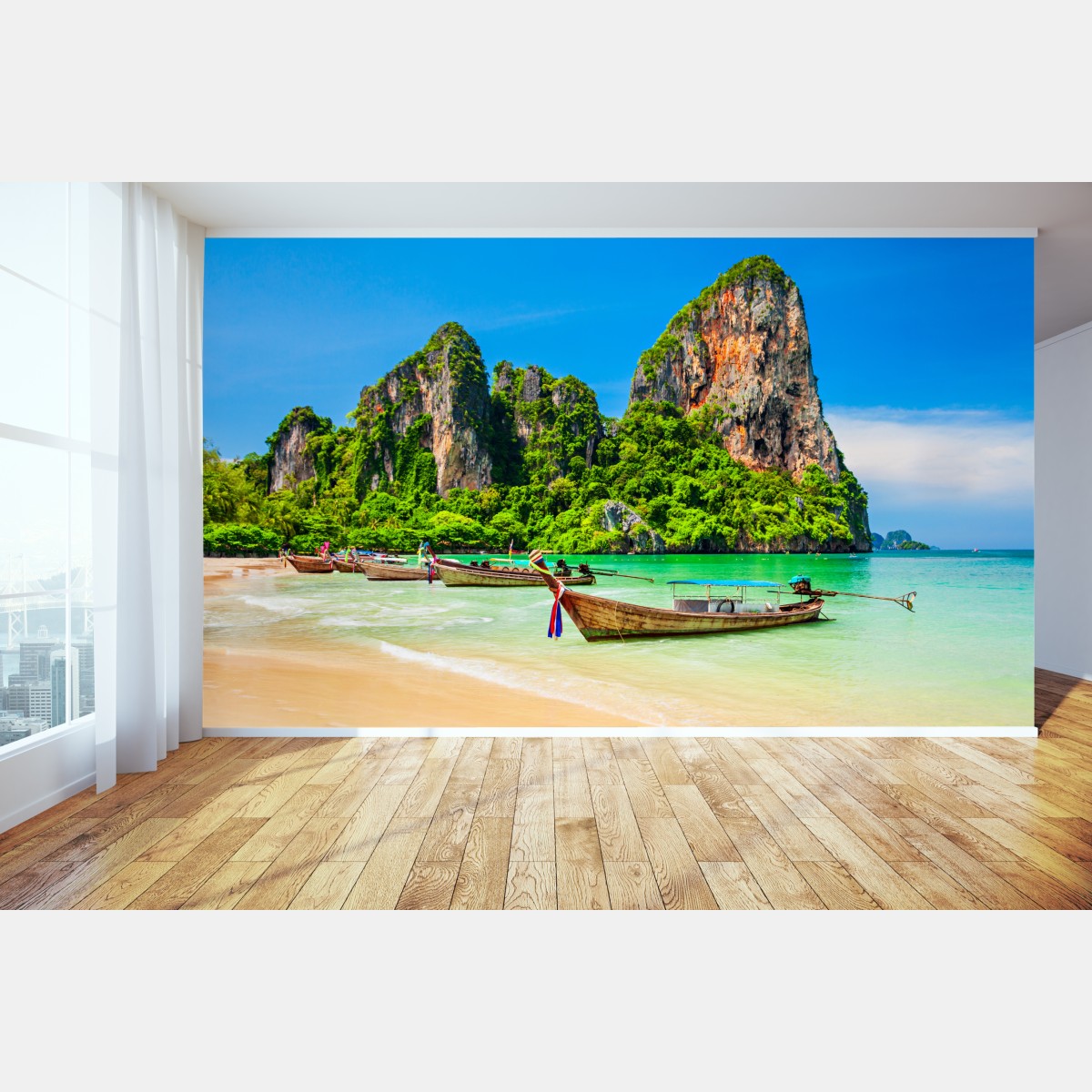 Fototapete longtail-boote an einem tropischen strand, Thailand – Wallnifity®