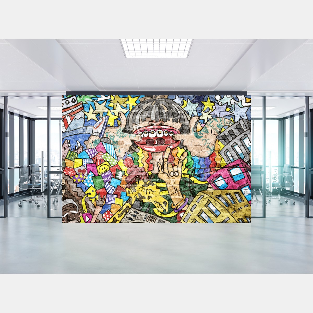 Fototapete buntes graffiti-mural mit verspielter figur – Wallnifity®