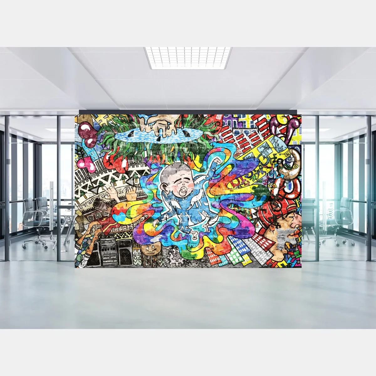 Fototapete buntes graffiti-mural mit träumendem kind – Wallnifity®